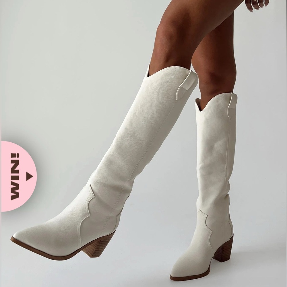 Princess Polly Knee High Leather Boots Off White